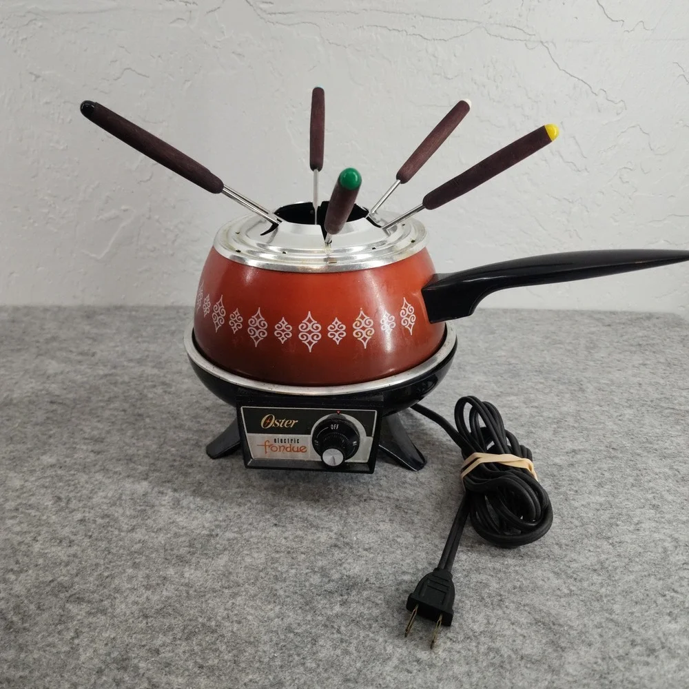 Oster Electric Fondue Pot Set Vintage MCM Red Orange 70s Retro Kitchen 6 Forks